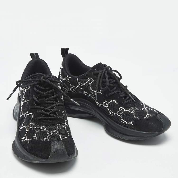 Pre Owned Gucci Black Mesh and Suede Run Crystal Embellished Sneakers Size 38