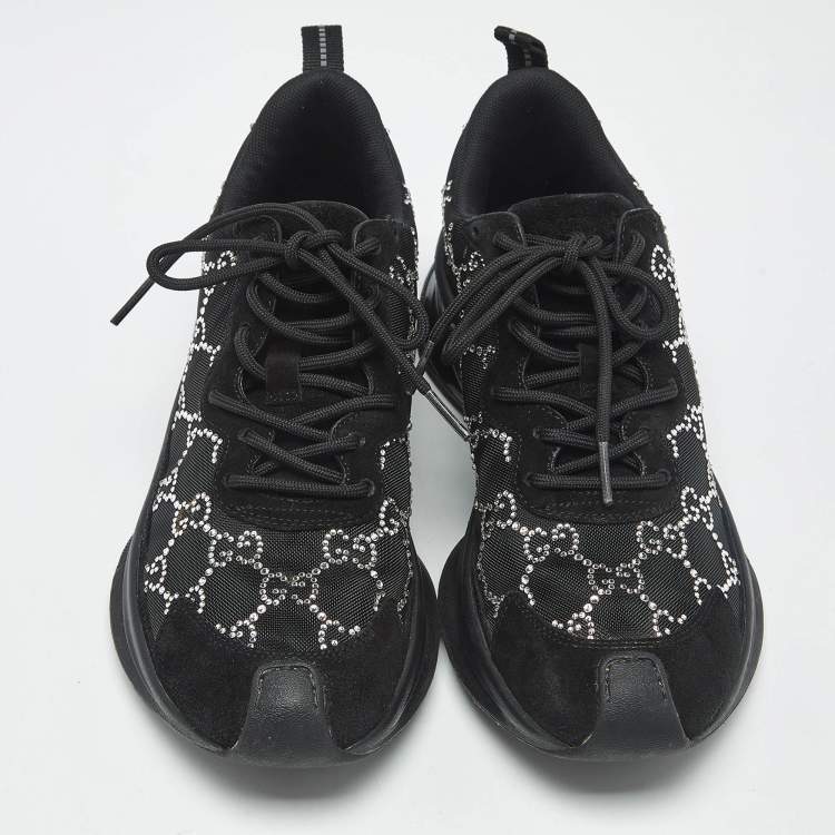 Pre Owned Gucci Black Mesh and Suede Run Crystal Embellished Sneakers Size 38