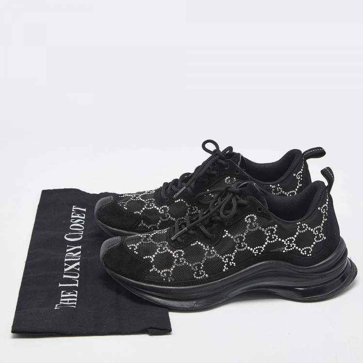 Pre Owned Gucci Black Mesh and Suede Run Crystal Embellished Sneakers Size 38