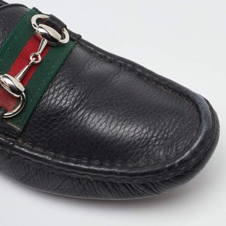 Pre Owned Gucci Black Leather Web Horsebit Slip On Loafers Size 37