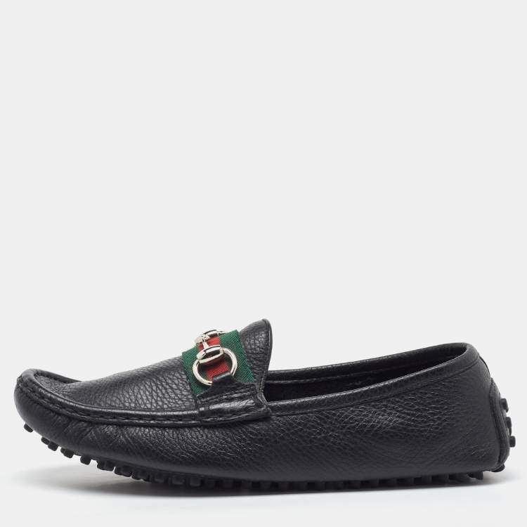 Pre Owned Gucci Black Leather Web Horsebit Slip On Loafers Size 37
