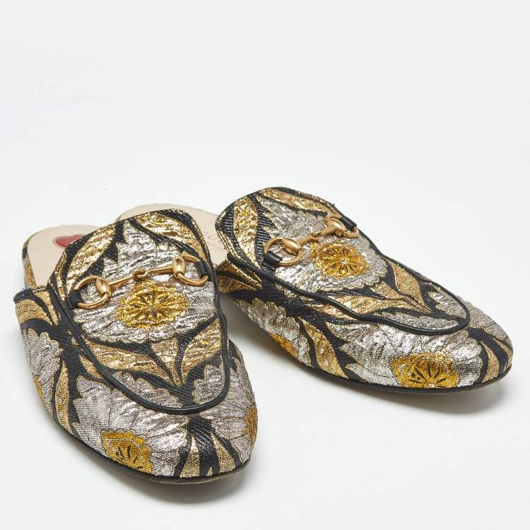 Pre Owned Gucci Multicolor Brocade Fabric Princetown Mules Size 38.5