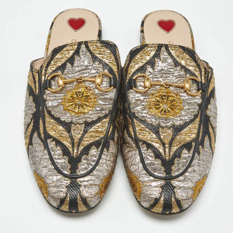 Pre Owned Gucci Multicolor Brocade Fabric Princetown Mules Size 38.5