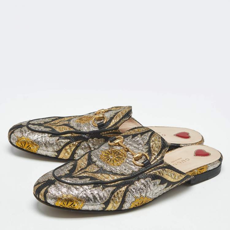 Pre Owned Gucci Multicolor Brocade Fabric Princetown Mules Size 38.5