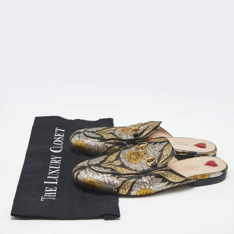 Pre Owned Gucci Multicolor Brocade Fabric Princetown Mules Size 38.5