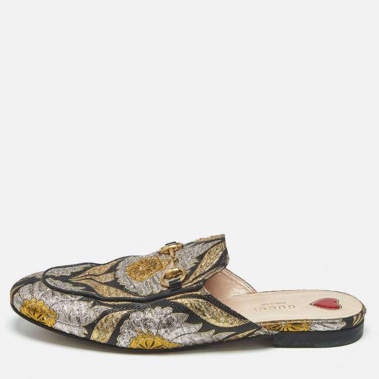 Pre Owned Gucci Multicolor Brocade Fabric Princetown Mules Size 38.5