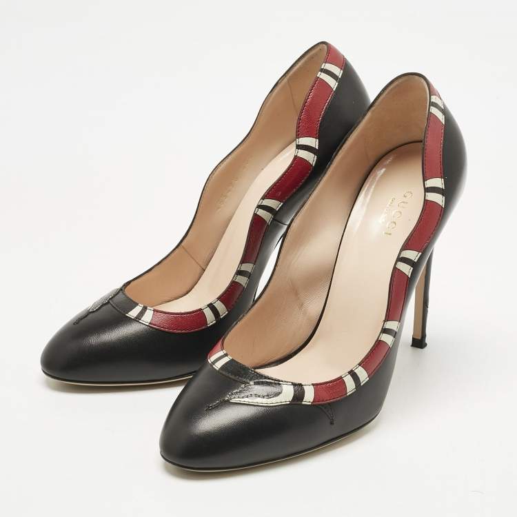 Pre Owned Gucci Black/Red Leather Kingsnake Pumps Size 38.5