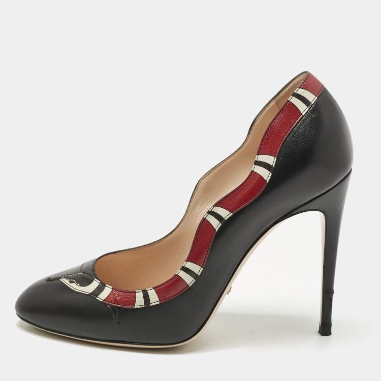 Pre Owned Gucci Black/Red Leather Kingsnake Pumps Size 38.5