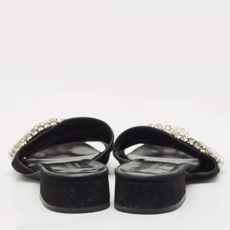Pre Owned Gucci Black Suede Maxime Crystal Embellished Slide Sandals Size 35