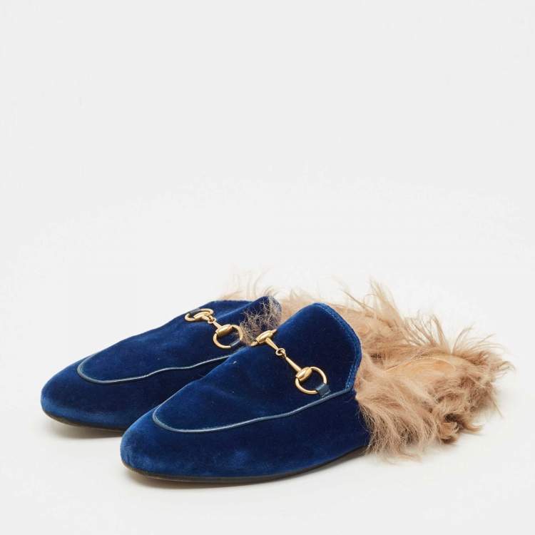 Pre Owned Gucci Blue Velvet and Fur Lined Princetown Flat Mules Size 38
