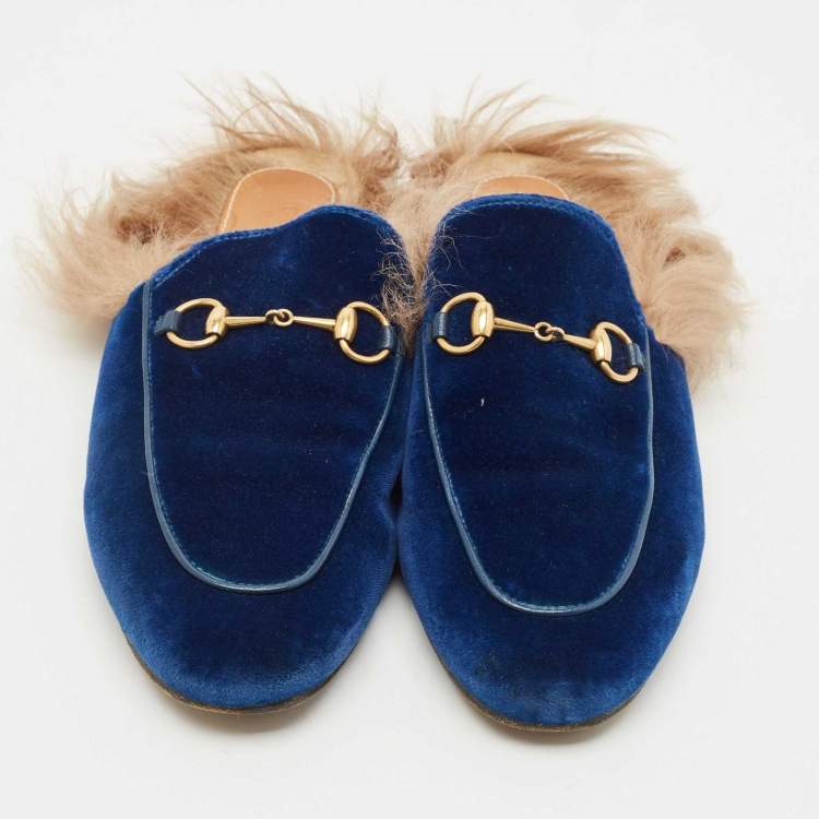 Pre Owned Gucci Blue Velvet and Fur Lined Princetown Flat Mules Size 38