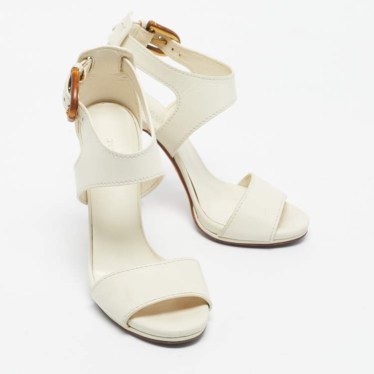 Pre Owned Gucci Cream Leather Lifford Bamboo Buckle Block Heel Sandals Size 37.5