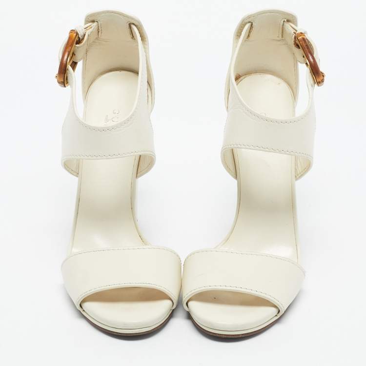Pre Owned Gucci Cream Leather Lifford Bamboo Buckle Block Heel Sandals Size 37.5