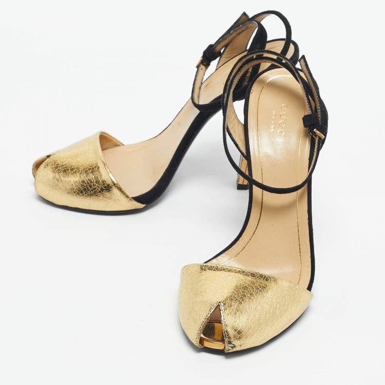 Pre Owned Gucci Gold/Black Leather And Suede Delphine Ankle Strap Sandals Size 37.5