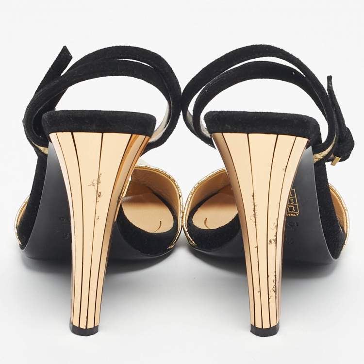 Pre Owned Gucci Gold/Black Leather And Suede Delphine Ankle Strap Sandals Size 37.5