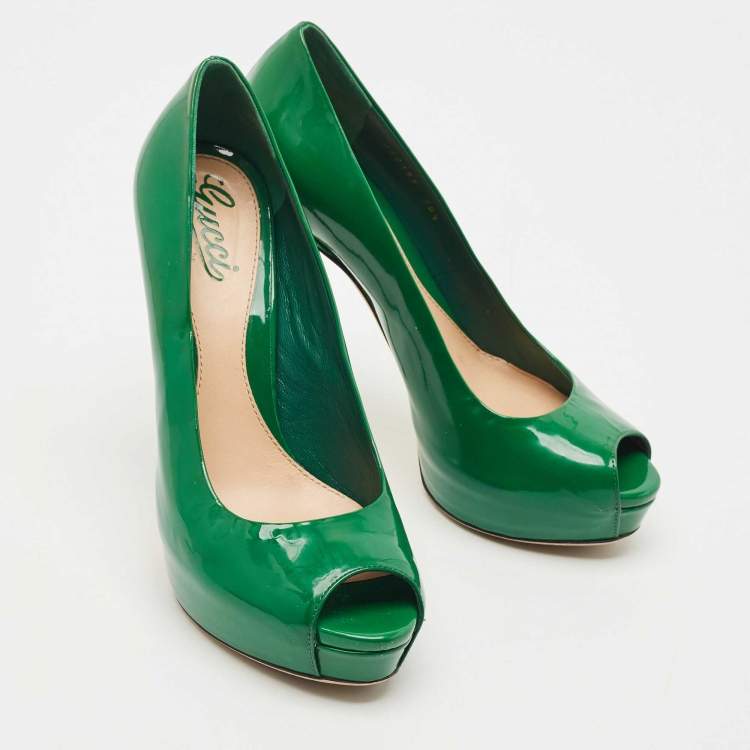 Pre Owned Gucci Green Patent Leather Peep Toe Platform Pumps Size 38.5