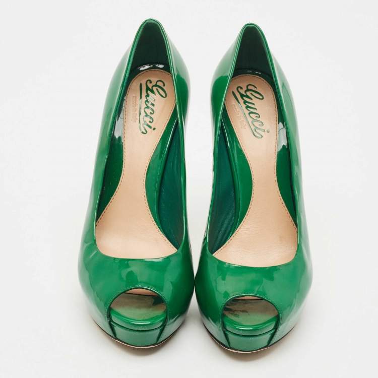 Pre Owned Gucci Green Patent Leather Peep Toe Platform Pumps Size 38.5