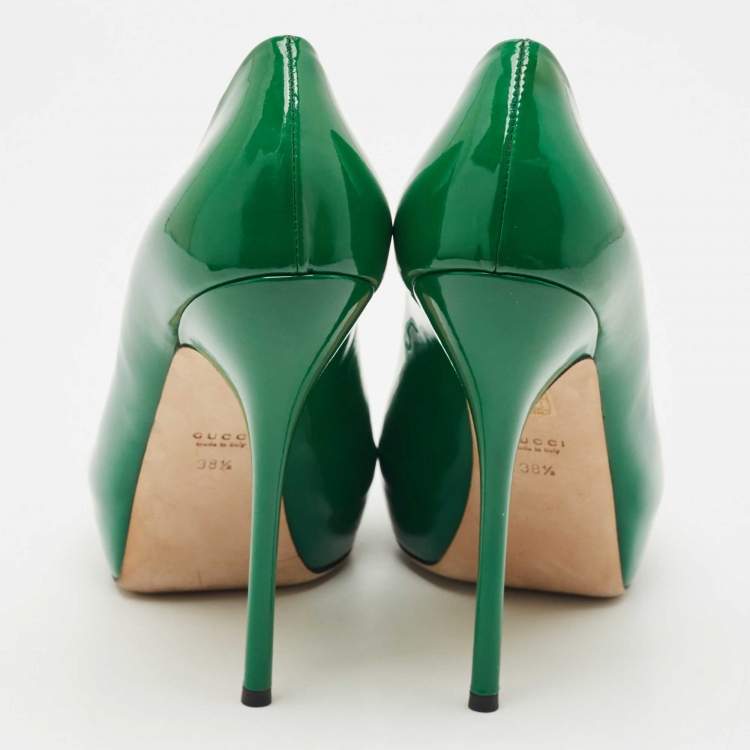 Pre Owned Gucci Green Patent Leather Peep Toe Platform Pumps Size 38.5
