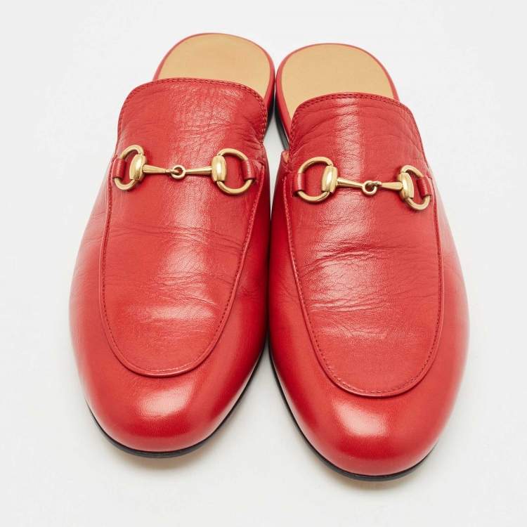 Pre Owned Gucci Red Leather Princetown Flat Mules Size 37