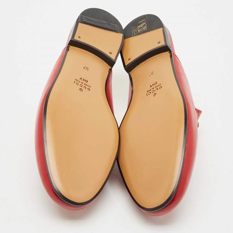 Pre Owned Gucci Red Leather Princetown Flat Mules Size 37
