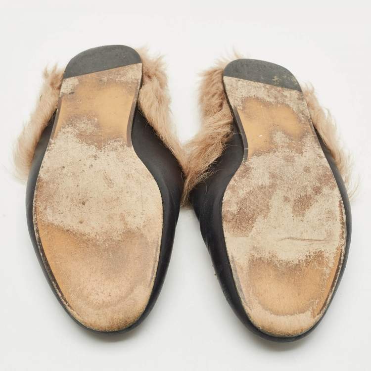 Pre Owned Gucci Black Tiger Embroidered Leather And Fur Princetown Horsebit Mule Sandals Size 37