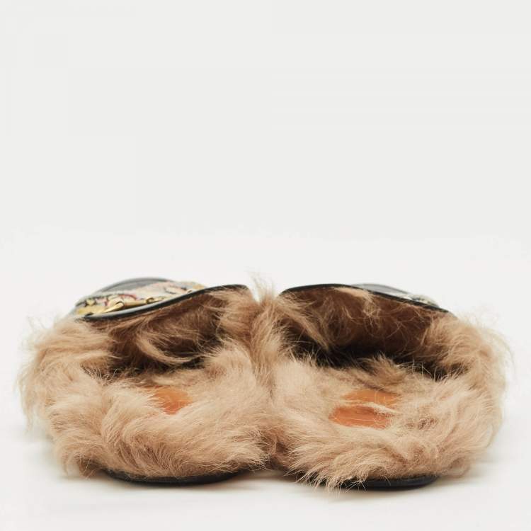 Pre Owned Gucci Black Tiger Embroidered Leather And Fur Princetown Horsebit Mule Sandals Size 37