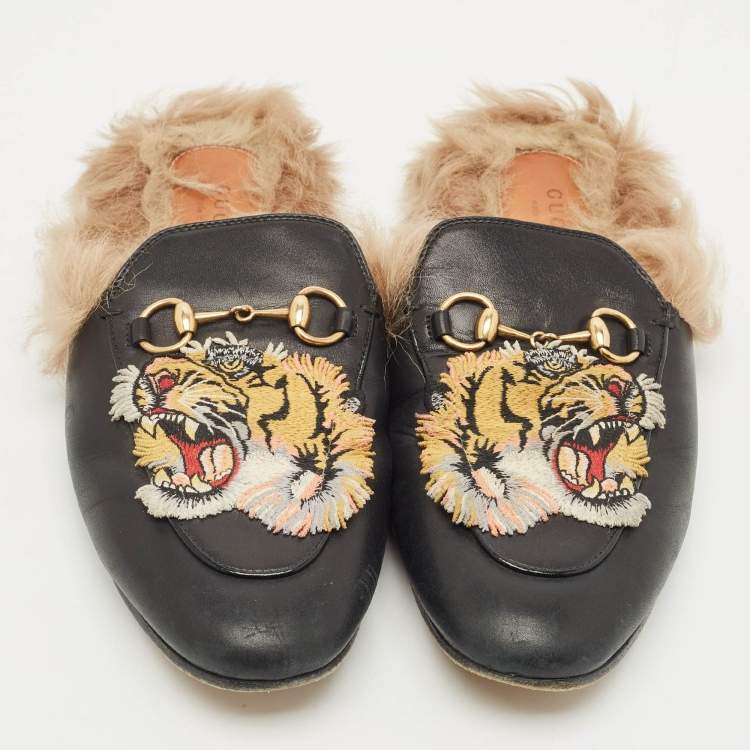 Pre Owned Gucci Black Tiger Embroidered Leather And Fur Princetown Horsebit Mule Sandals Size 37