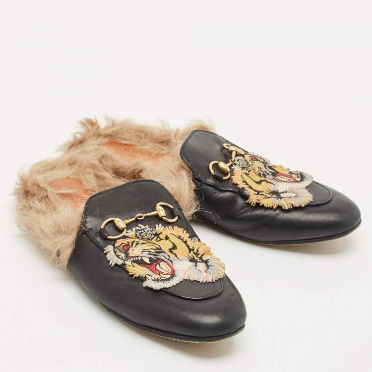 Pre Owned Gucci Black Tiger Embroidered Leather And Fur Princetown Horsebit Mule Sandals Size 37