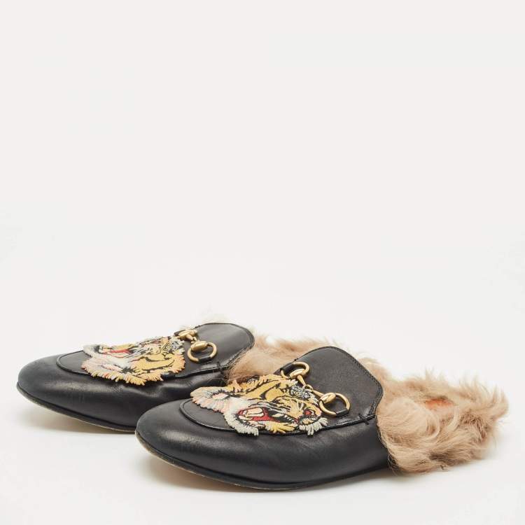Pre Owned Gucci Black Tiger Embroidered Leather And Fur Princetown Horsebit Mule Sandals Size 37