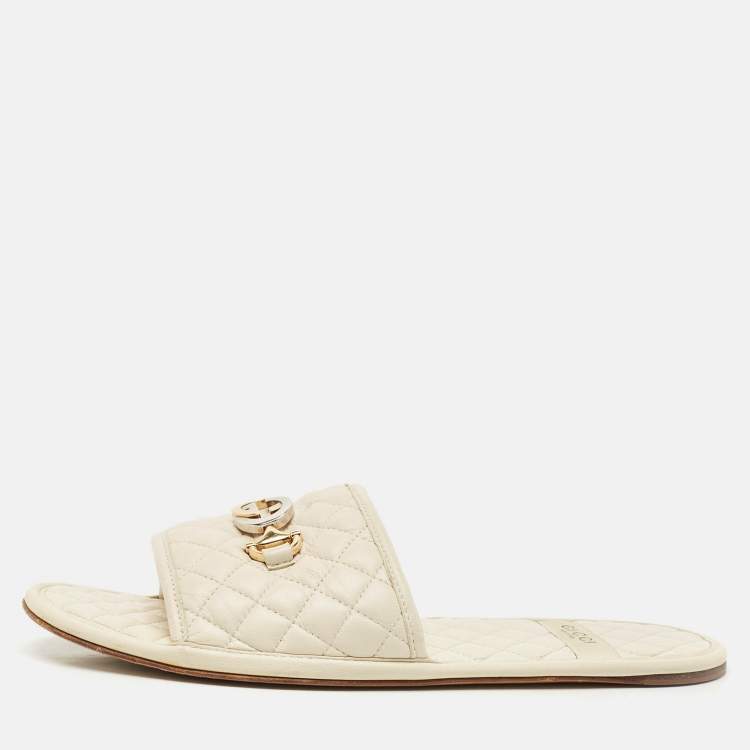 Pre Owned Gucci Cream Leather GG Logo Flat Slides Size 37