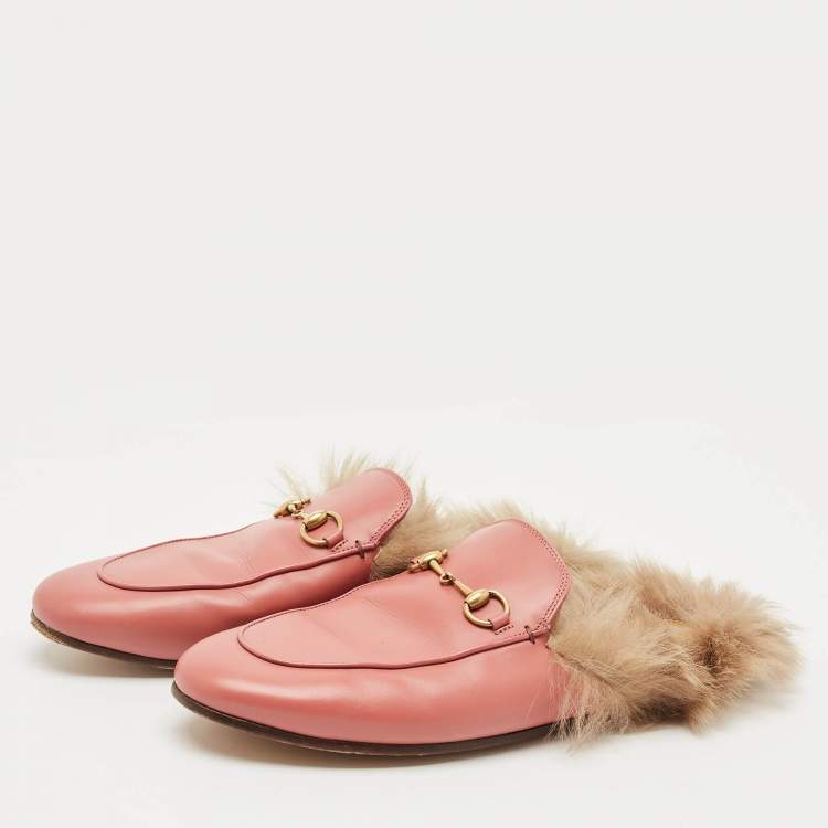 Pre Owned Gucci Pink Leather And Fur Princetown Sandals Size 40