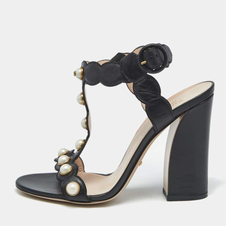 Pre Owned Gucci Black Leather Pearl Embellished Ankle Strap Sandals Size 40
