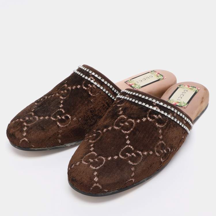 Pre Owned Gucci Brown GG Velvet Crystal Embellished Mules Size 39