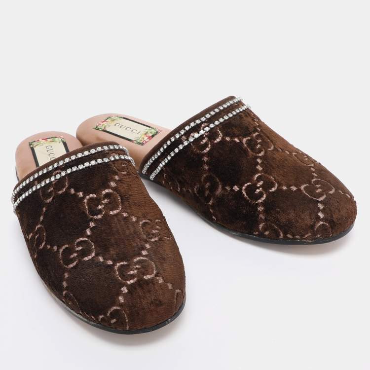 Pre Owned Gucci Brown GG Velvet Crystal Embellished Mules Size 39