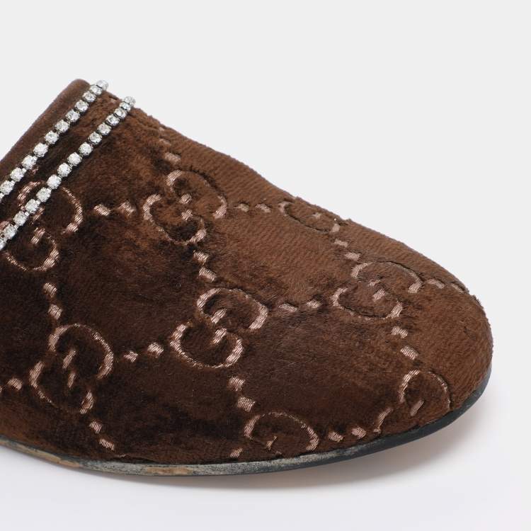 Pre Owned Gucci Brown GG Velvet Crystal Embellished Mules Size 39