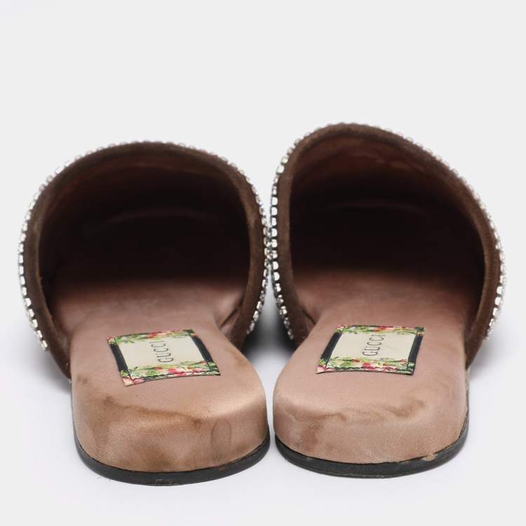 Pre Owned Gucci Brown GG Velvet Crystal Embellished Mules Size 39