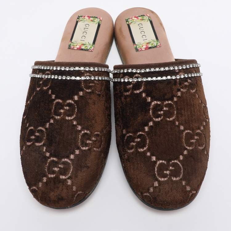 Pre Owned Gucci Brown GG Velvet Crystal Embellished Mules Size 39