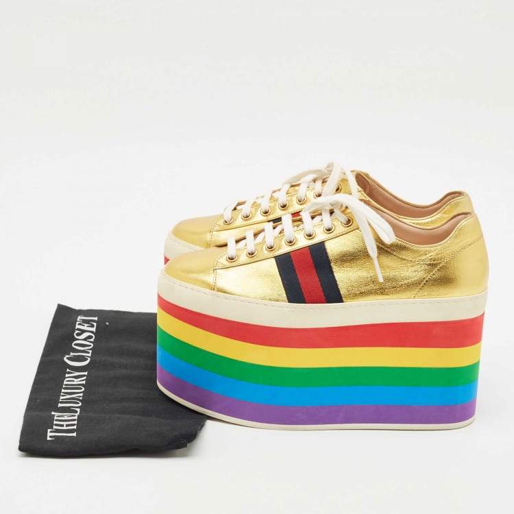 Pre Owned Gucci Metallic Gold Leather Peggy Platform Sneakers Size 37.5