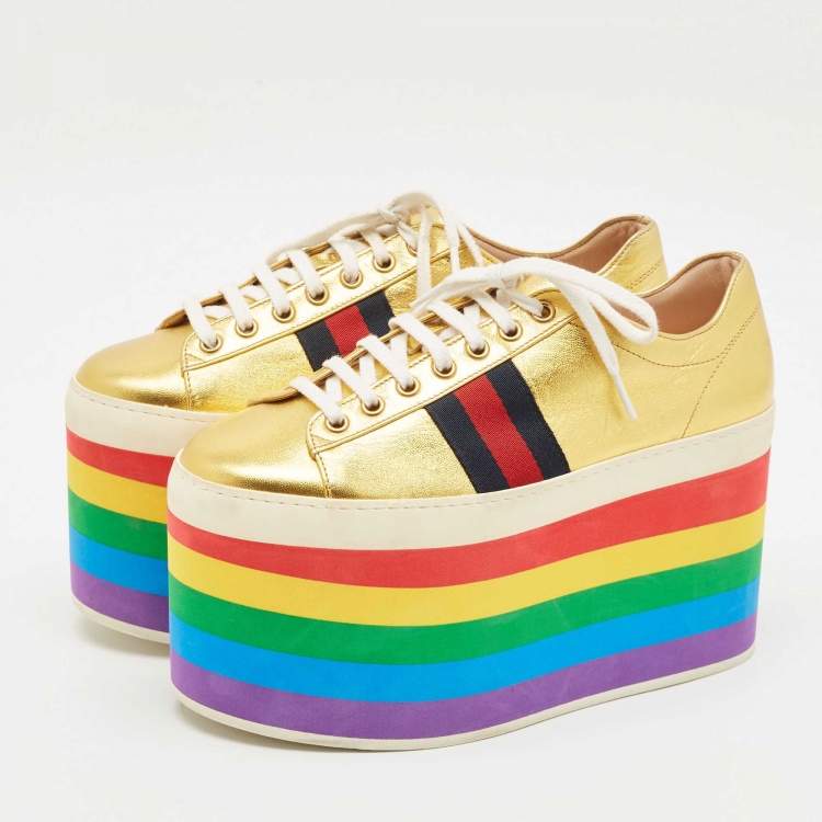 Pre Owned Gucci Metallic Gold Leather Peggy Platform Sneakers Size 37.5