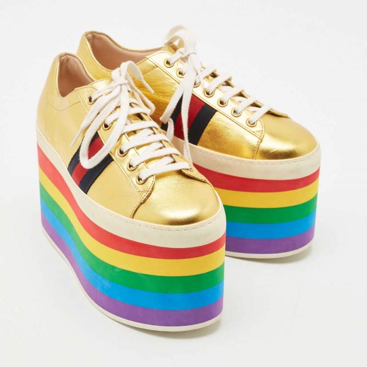 Pre Owned Gucci Metallic Gold Leather Peggy Platform Sneakers Size 37.5