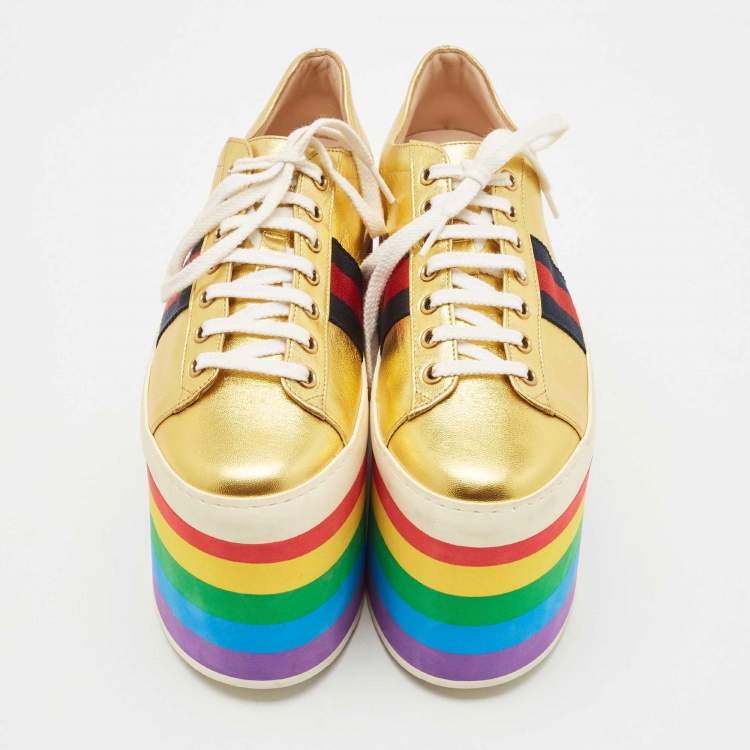 Pre Owned Gucci Metallic Gold Leather Peggy Platform Sneakers Size 37.5