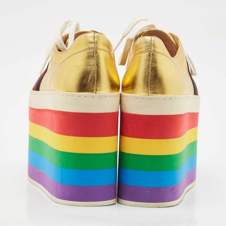 Pre Owned Gucci Metallic Gold Leather Peggy Platform Sneakers Size 37.5