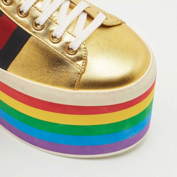 Pre Owned Gucci Metallic Gold Leather Peggy Platform Sneakers Size 37.5