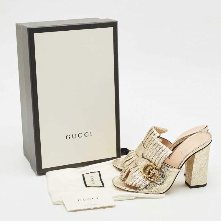 Pre Owned Gucci Gold Crinkled Leather Marmont GG Fringe Mule Sandals Size 38
