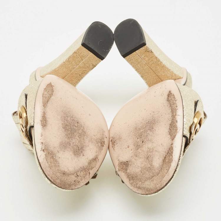 Pre Owned Gucci Gold Crinkled Leather Marmont GG Fringe Mule Sandals Size 38
