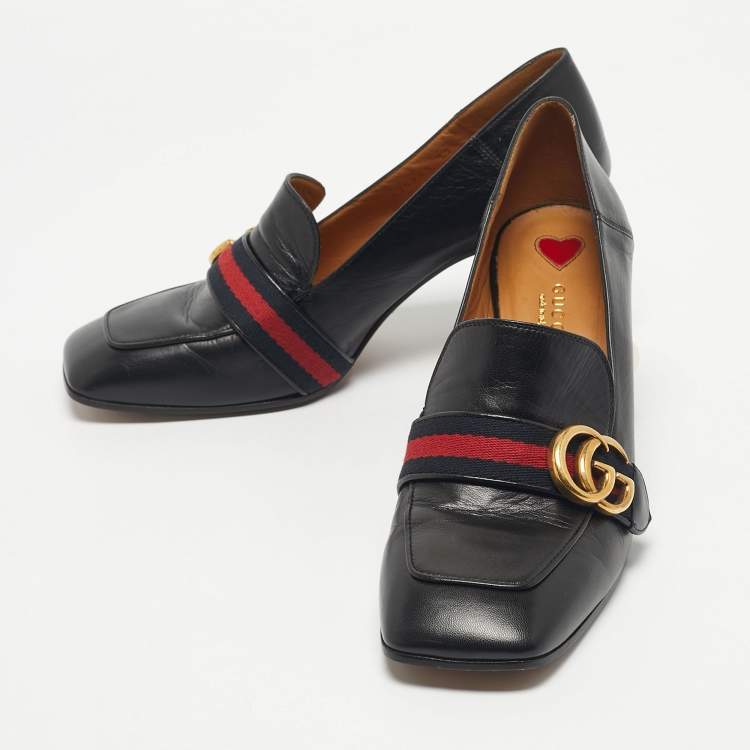 Pre Owned Gucci Black Leather GG Marmont Pearl Embellished Pumps Size 39.5