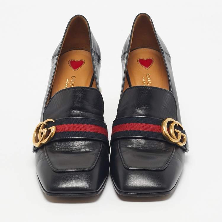Pre Owned Gucci Black Leather GG Marmont Pearl Embellished Pumps Size 39.5