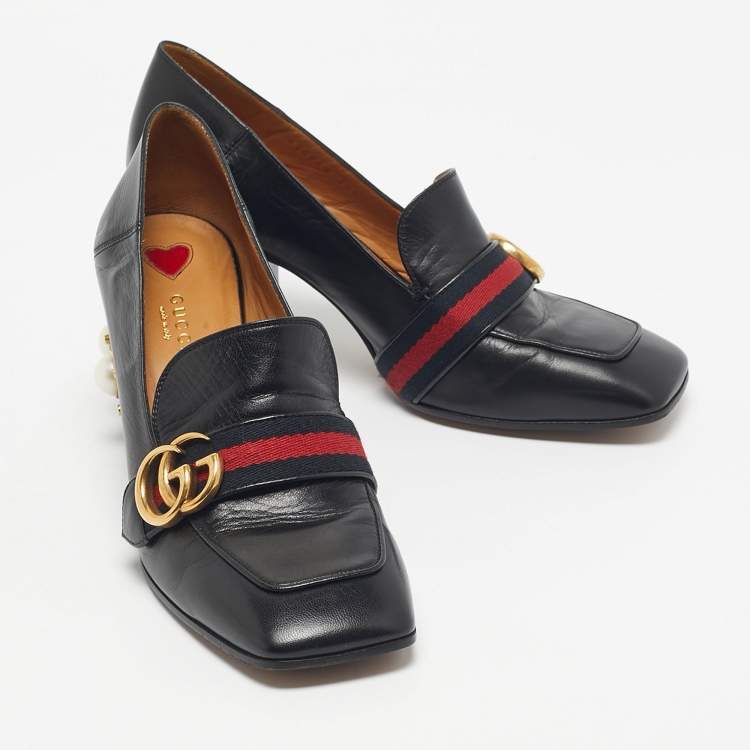 Pre Owned Gucci Black Leather GG Marmont Pearl Embellished Pumps Size 39.5