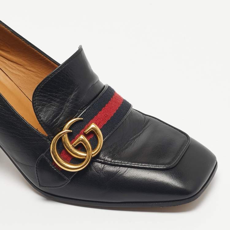 Pre Owned Gucci Black Leather GG Marmont Pearl Embellished Pumps Size 39.5