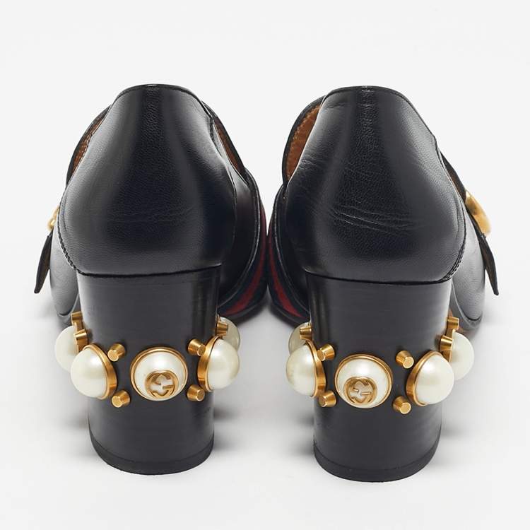 Pre Owned Gucci Black Leather GG Marmont Pearl Embellished Pumps Size 39.5